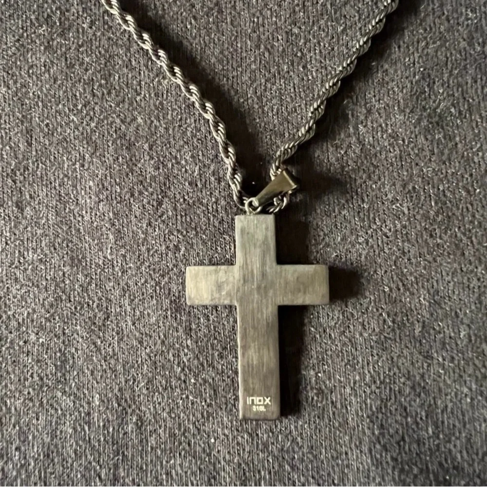 INOX Matte Black Rope Necklace with Cross